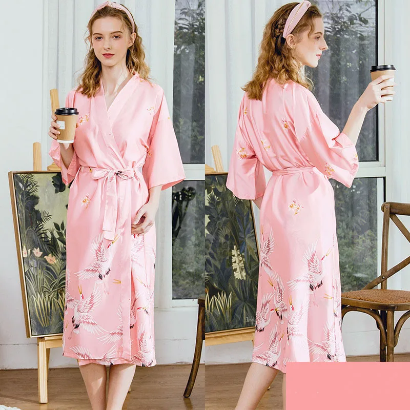 Women Satin Silk Sleepwear Swan Printed Short Sleeve Maxi Robe Dress Nightgown Pajamas