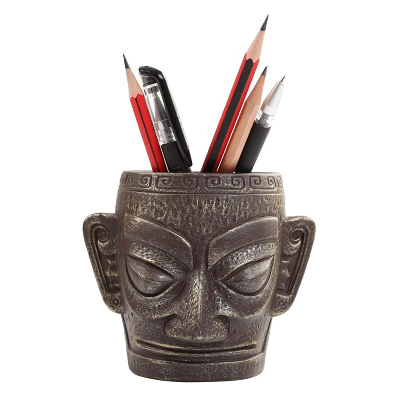 

Бронзовый мужской держатель для ручек Sanxingdui для стола, культурный Бронзовый контейнер для ручек в форме фигуры, настольный органайзер, деко...