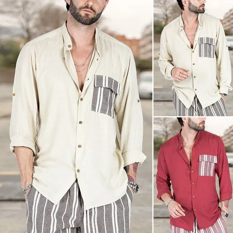 

Рубашка мужская с длинным рукавом, повседневная простая Красивая Молодежная блуза с лацканами, в стиле пэчворк, контрастных цветов, весна-осень 2022