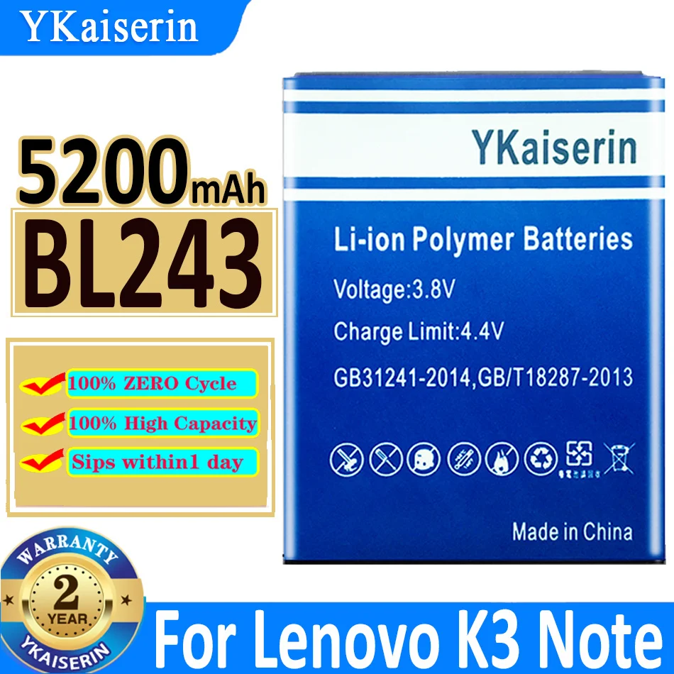 

5200mAh YKaiserin BL 243 BL243 Battery For Lenovo Lemon K3 Note K3Note K50-T5 A7000 A5500 A5600 A7600 Bateria