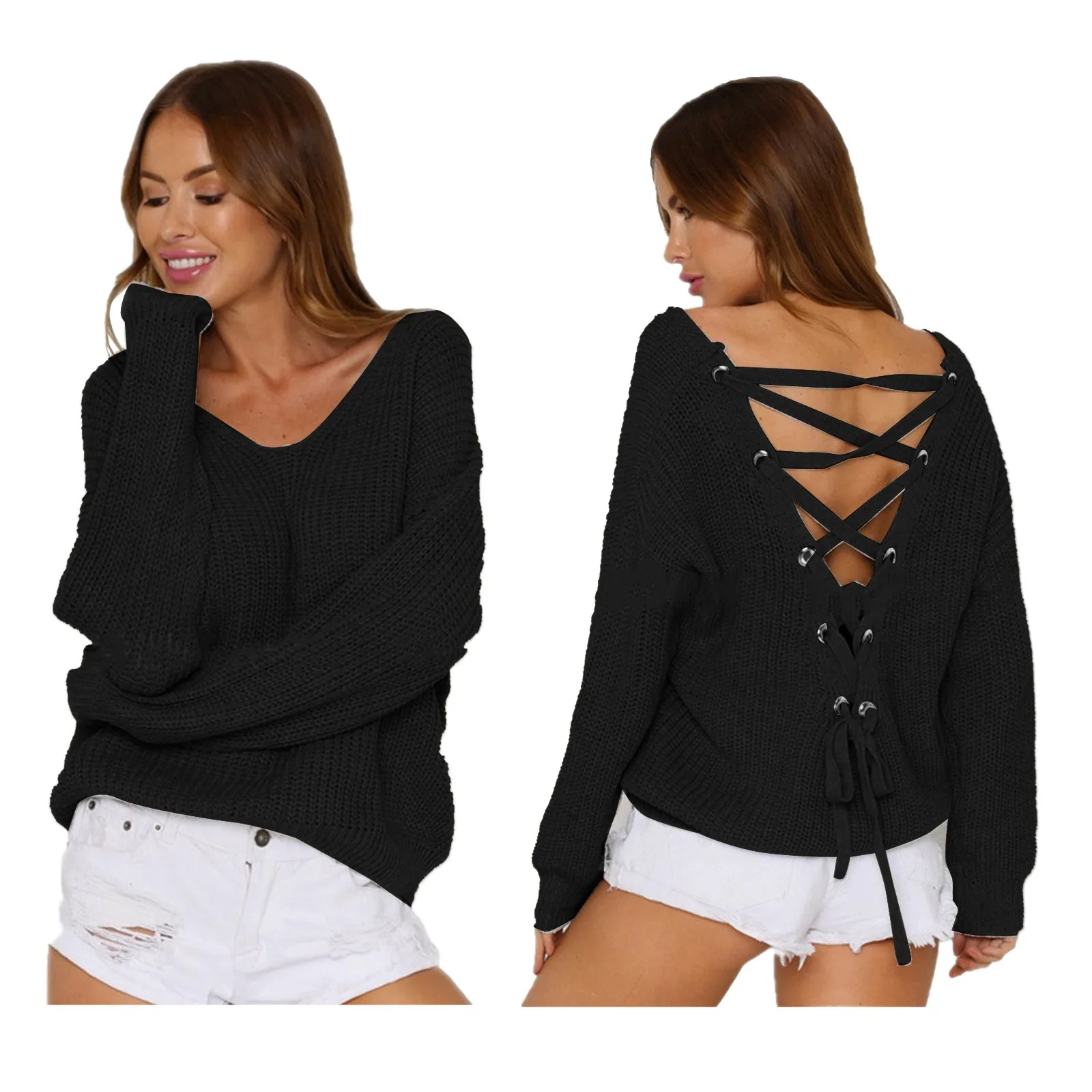 Осень-зима сексуальный однотонный свитер с v-образным вырезом и открытой спиной