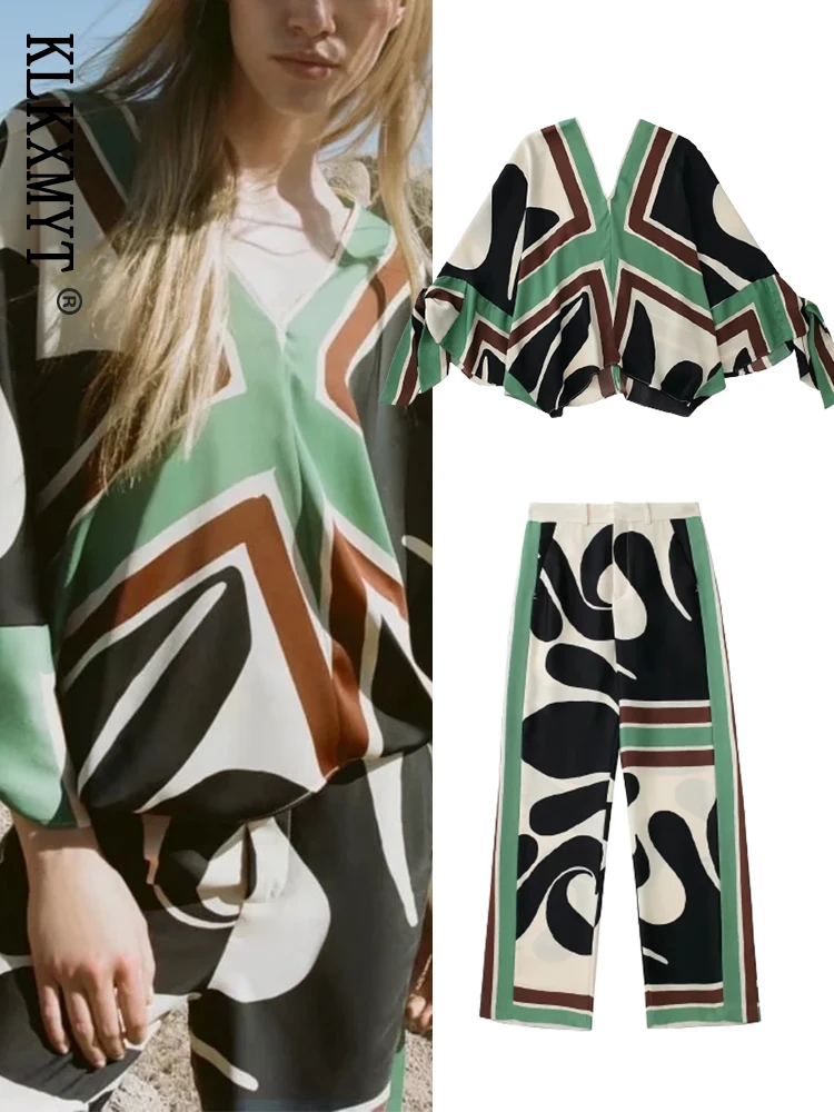 

KLKXMYT TRAF Summer Women 2 Pieces Suit Blouses Pants Sets 2022 Fashion Printed Oversized Blouse Tops Female Trousers Set