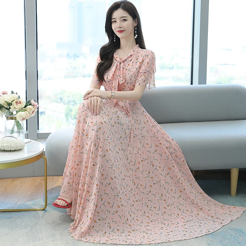 

2022 Chiffon Pink Floral Boho Beach Maxi Sundress Summer New Casual Short Sleeve Long Dresses Women Bodycon Nigth Party Vestidos