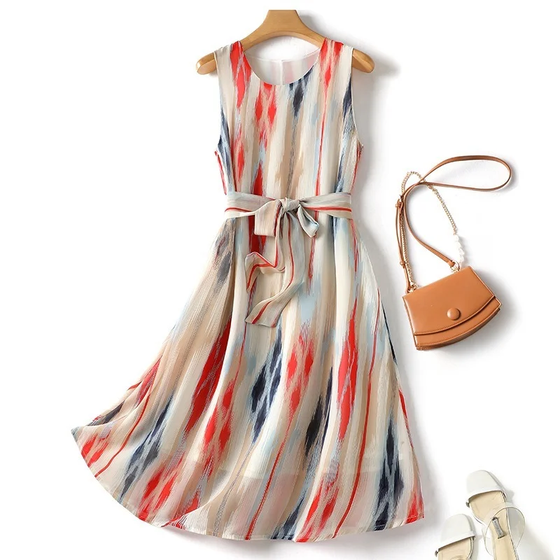 

Summer geometric Print Elegant Slim A-line Chiffon Midi Dress With Belt O-neck Sleeveless Women Party Cocktail Dresses