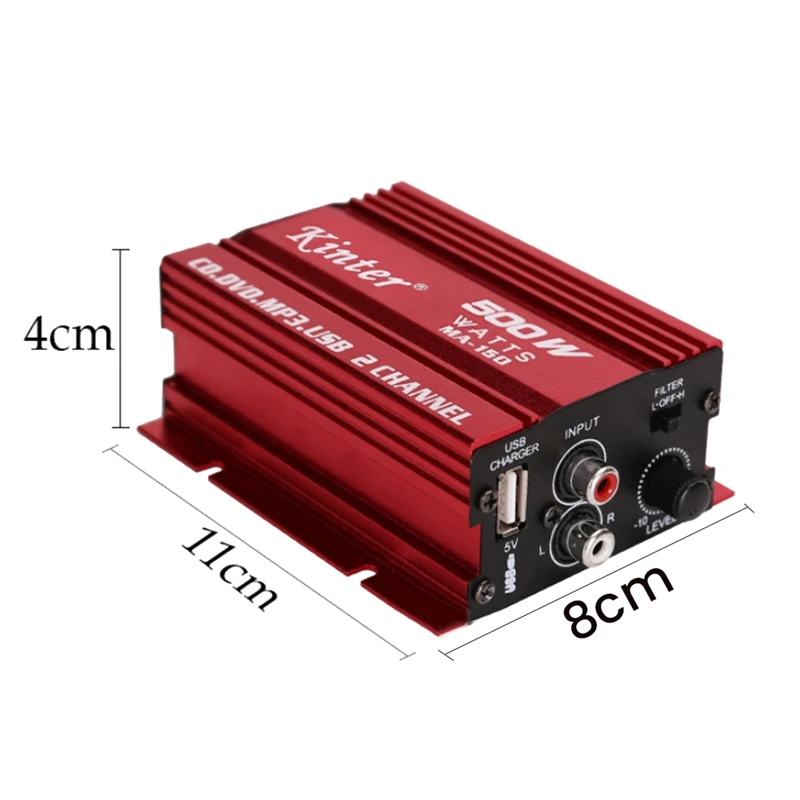 KINTER Car Audio Amplifier 12V Cable 2 Channels Mini Stereo Amp Subwoofer USB Port Mp3