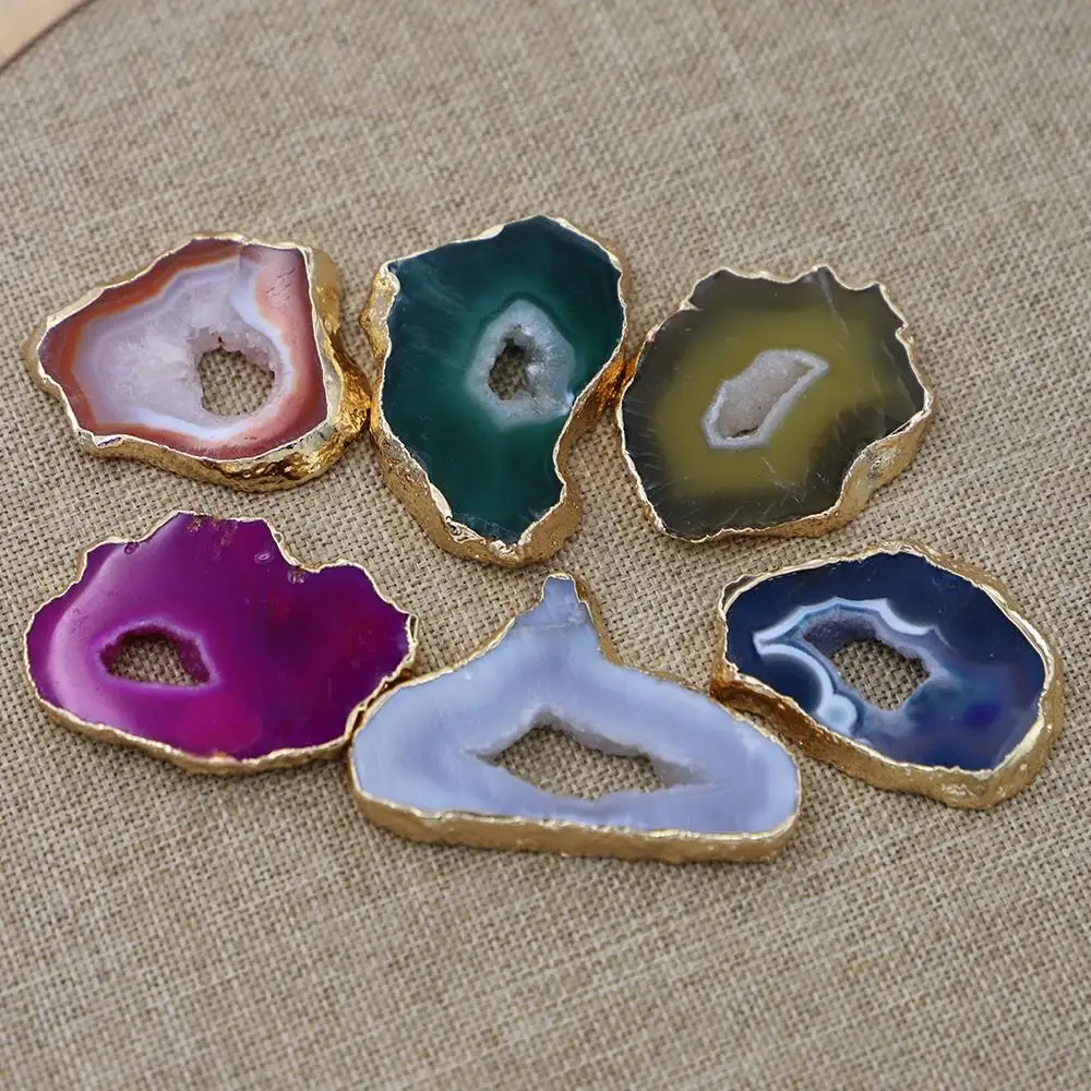 Natural Stone Agates Irregular Geode Polished Gold Crystal Slice Pendants Decoration Brazil Healing Reiki Mineral Home Decor 1PC