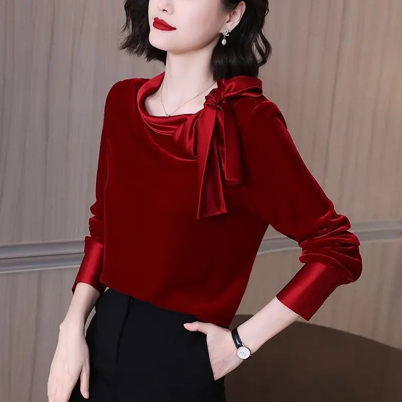 

Elegant O-Neck Spliced Lace Up Bow Blouse Women's Clothing 2022 Autumn New Casual Pullovers Loose All-match Commute Shirt