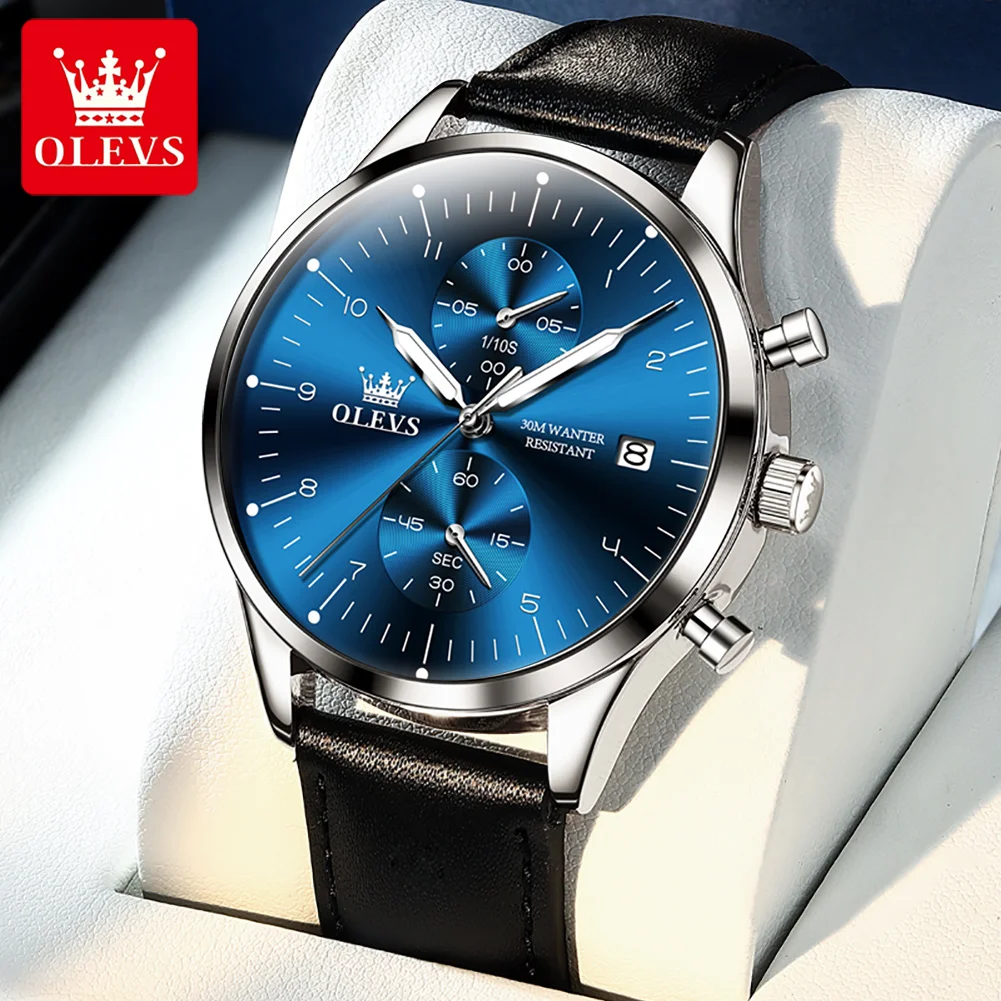 

OLEVS Luxury Original Watch for Men Leather Strap Waterproof Chronograph Top Brand Quartz Wristwatches 42MM Relogio Masculino