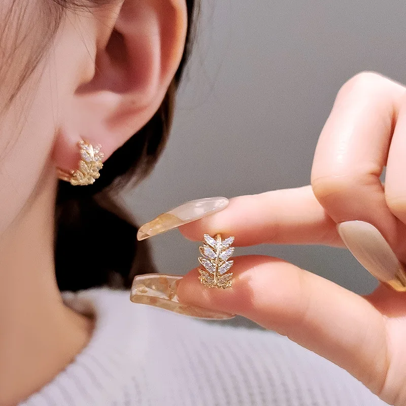 

Gold Color Earrings CZ Crystal Olive Leaf Hoop Earrings For Women Fashion Jewelry Girl Gift New