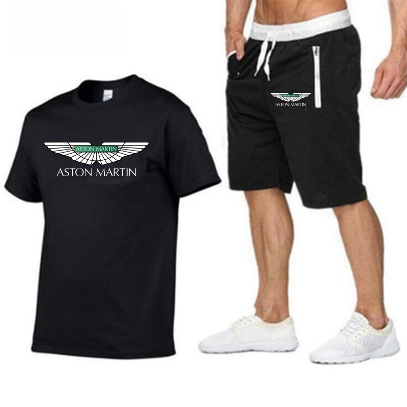Summer Men's Suit Aston Martin Printed Clothes Fashion Sportswear Suit Casual Mans Short Sleeve Cotton T-shirt shorts 2 Pcs Set