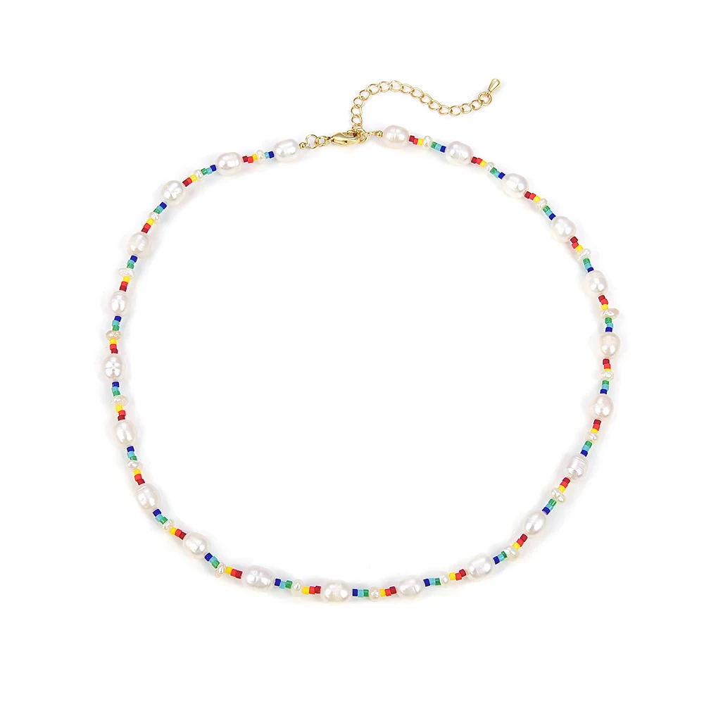 

KKBEAD Bohemian Natural Freshwater Pearl Necklace Choker for Women Gifts Jewelry Colorful Rainbow Miyuki Necklaces Accessories