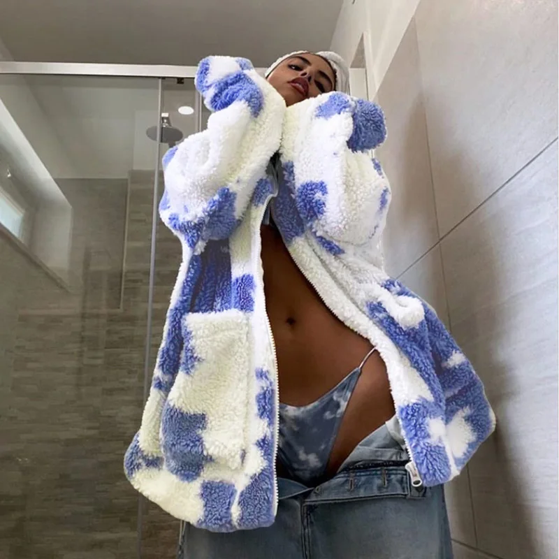 

Winter Trend New 2021 Street Style Women's Lapel Long-sleeved Fluffy Cardigan Fashion All-match Casual Tie-dye Jacket Women