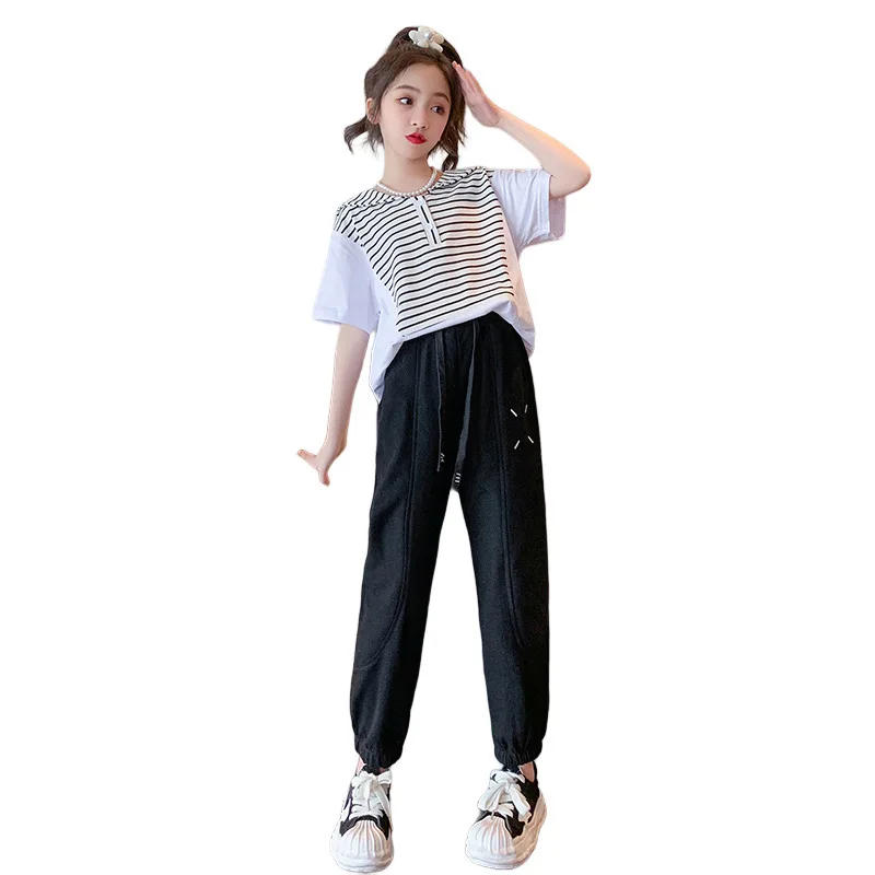 

Корейский Повседневный Комплект для девочек, летний модный темно-синий топ с воротником в полоску + спортивные брюки с эластичным поясом, од...