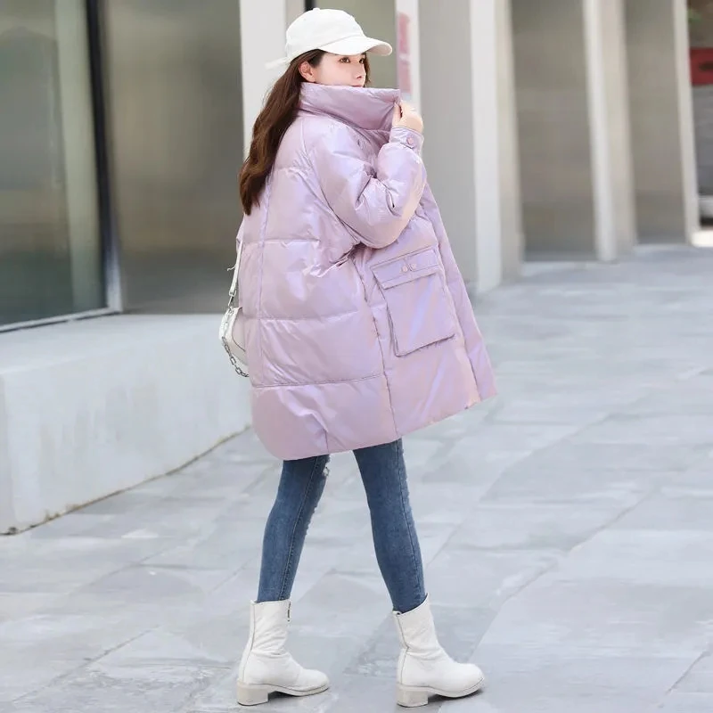 Women's Fashion Glossy Stand Collar Snow Coat Solid Warm Cotton Jacket Loose Zip Up Overcoat Winter Warm Windproof Hooded Parkas