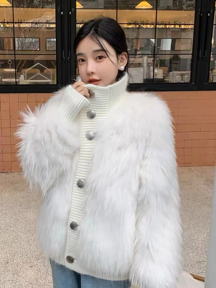 

Runway Korean Splice Fox Fur Grass Imitation Mink Fur Single Breasted Coat For Women Female Cardigan Outwear