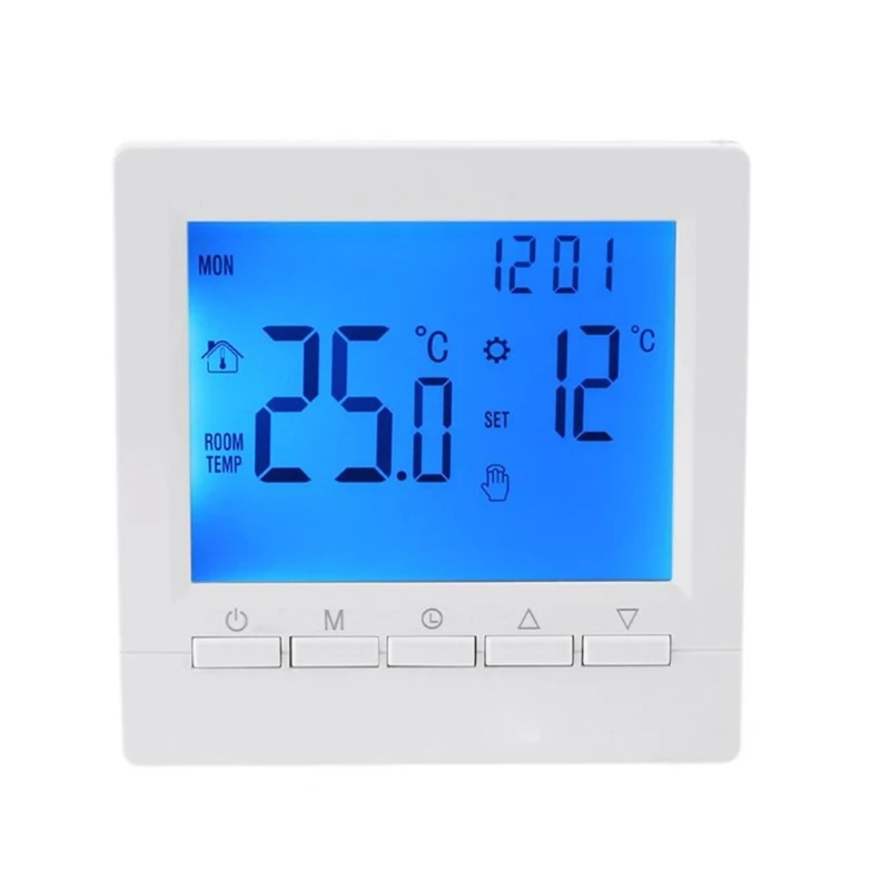 

Programmable Thermostat with White/Blue Backlit Electric Heating Warm Floor Temperature Controller for Water/Gas Boiler