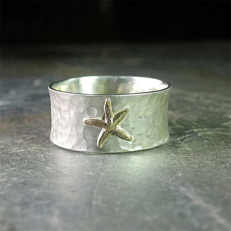 

Fashion Elegant Silver Gold Colors Starfish Rings for Women Trendy Metal Inlaid Wedding Engagement Jewelry