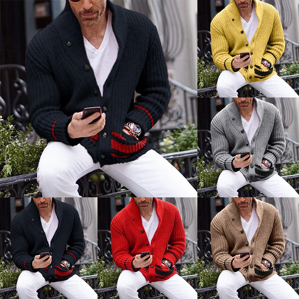 

Plus Size Men Chunky Knitted Sweaters Winter Warm Coats Mens Streetwear Single Breasted Top Cardigan Striped Sweater Homme L~3XL