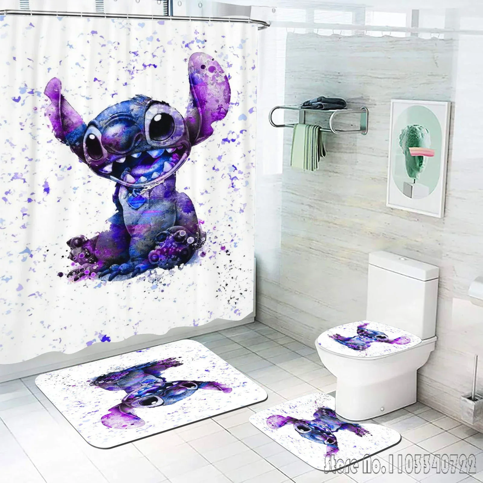 Аксессуары для ванной комнаты Stitch комплект из 4 предметов коврики и занавески
