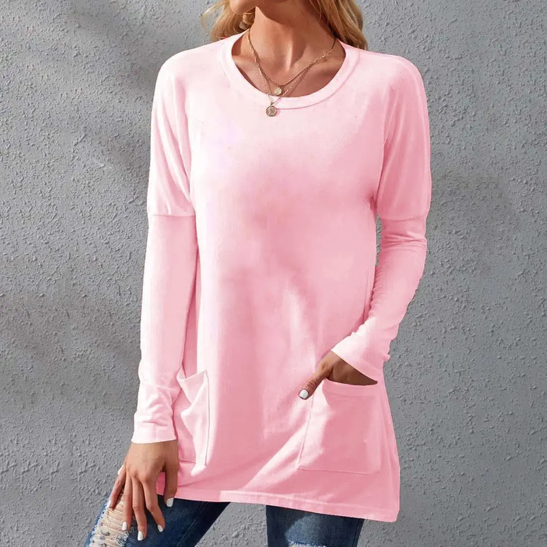 

Autumn Women's Top Black O-neck Long Sleeve Pockets Casual Tops Female New Fashion Elegant Loose Street Office Ladies Clothes
