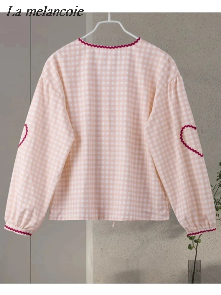 Женская свободная рубашка в клетку Повседневная блузка с завязкой форме сердца