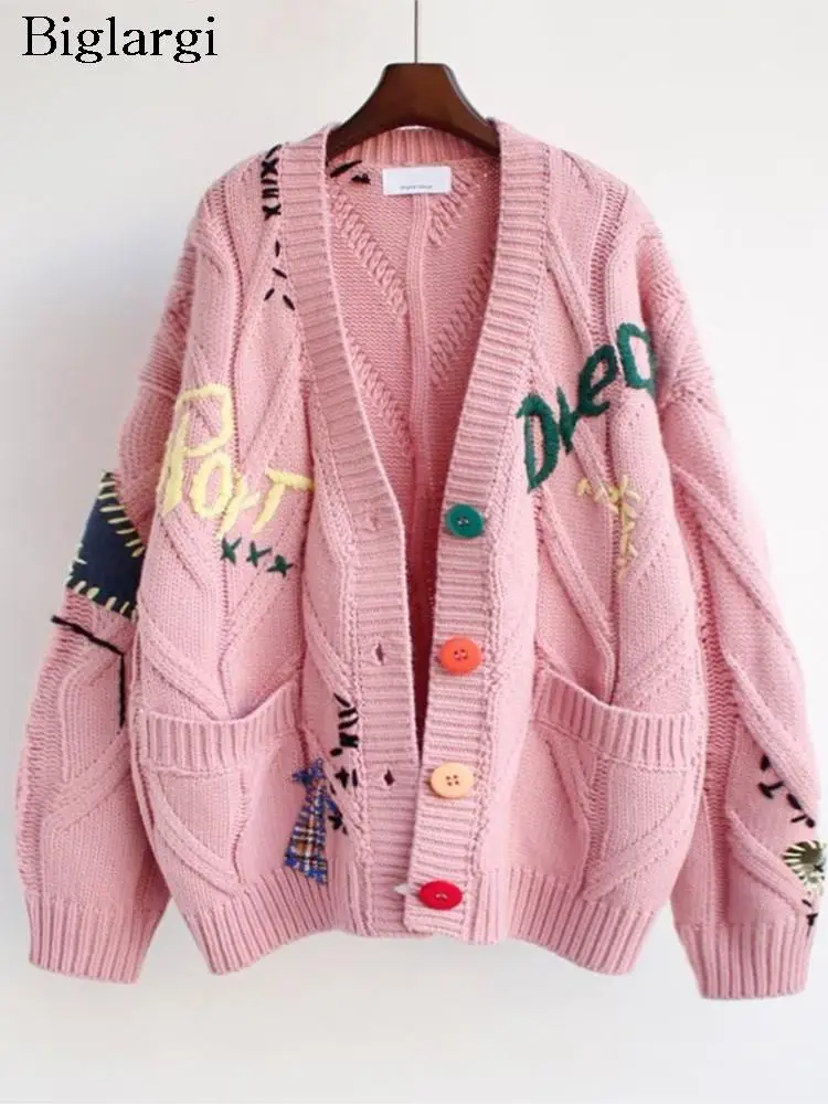 

Knitted Autumn Sweater Coat Women Embroidery Letter Print Long Sleeve Ladies Cardigans Coats Casual Modis Loose Woman Coat 2023
