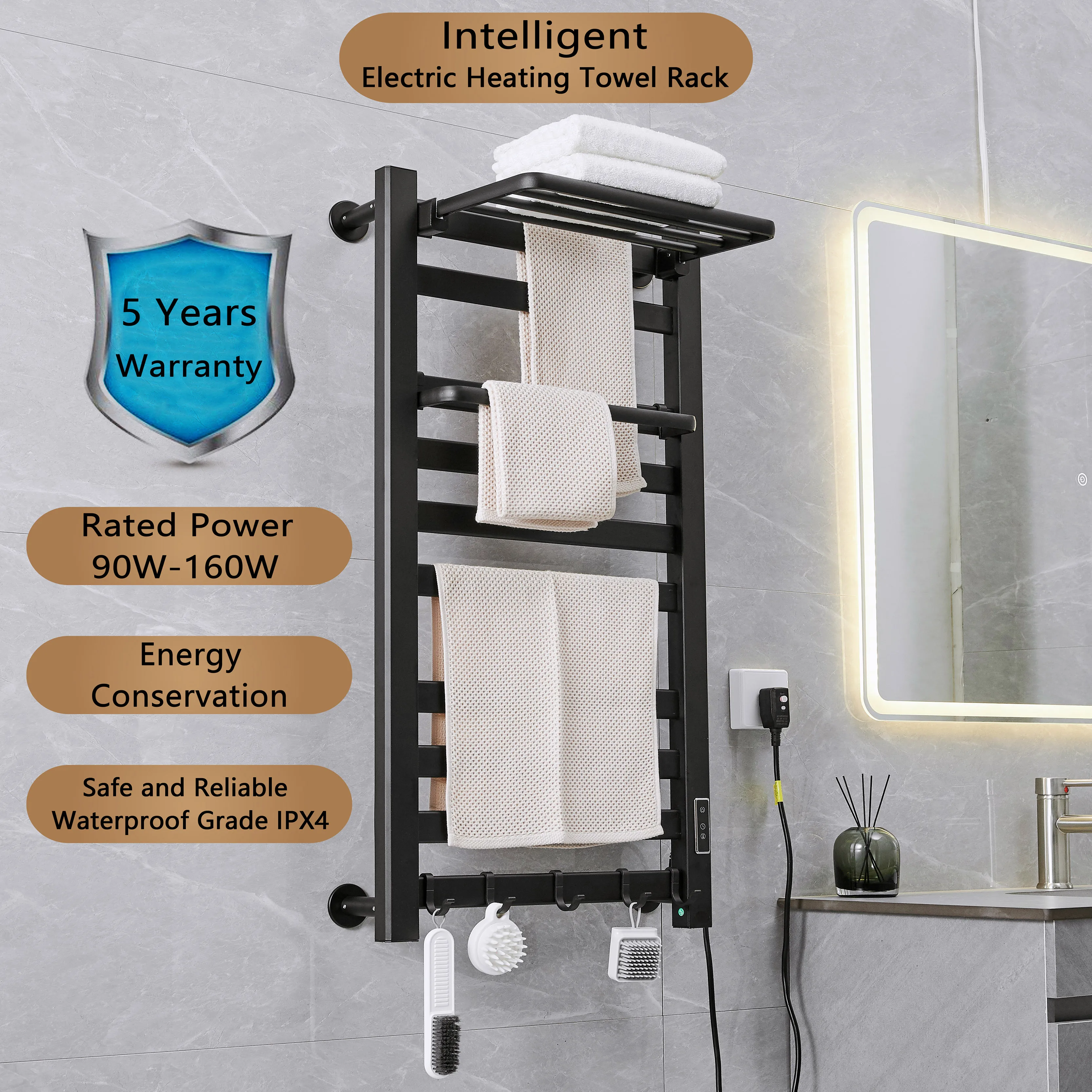 

Black Intelligent Constant Temperature Electric Heating Towel Rack Bathroom Towel Heated Dryer Electric Bathroom Towel 110V-220V