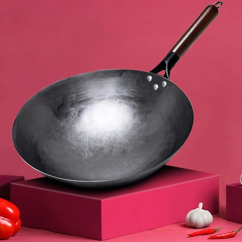 

Traditional iron wok,Non-coating Woks Hand forged For Kitchen PanWooden Handle Wok Kitchen Gas Pot Cookware
