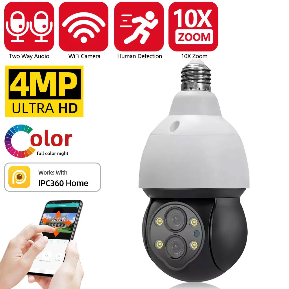 

4MP 2K Bulb Camera 355 Rotate Auto Tracking Panoramic Camera Light Bulb Wifi PTZ IP Camera Remote Viewing Security E27 Bulb