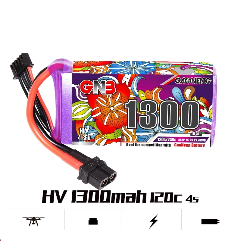 

Gaoneng GNB 1300mAh 4S 15.2V 120C HV 4.35V LiPo Battery with XT60 Plug for Lightweight FPV Racing Drone