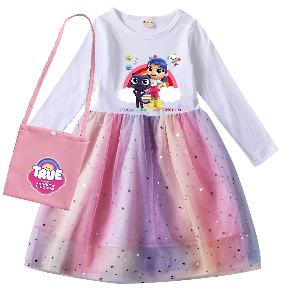 

Весенние детские платья для девочек, кружевное платье принцессы с длинным рукавом и надписью True and the Rainbow kingdom, вечернее платье на день рожде...