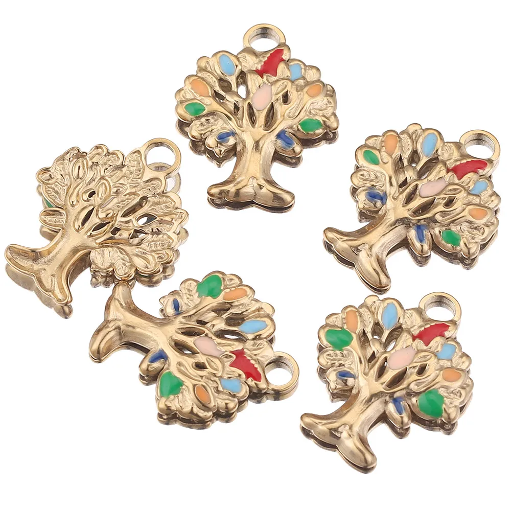 

5pcs/lot Stainless Steel Gold Life Tree Enamel Charms Dangles Pendants for DIY Bracelet Crafts Weird Jewelry Making Supplies