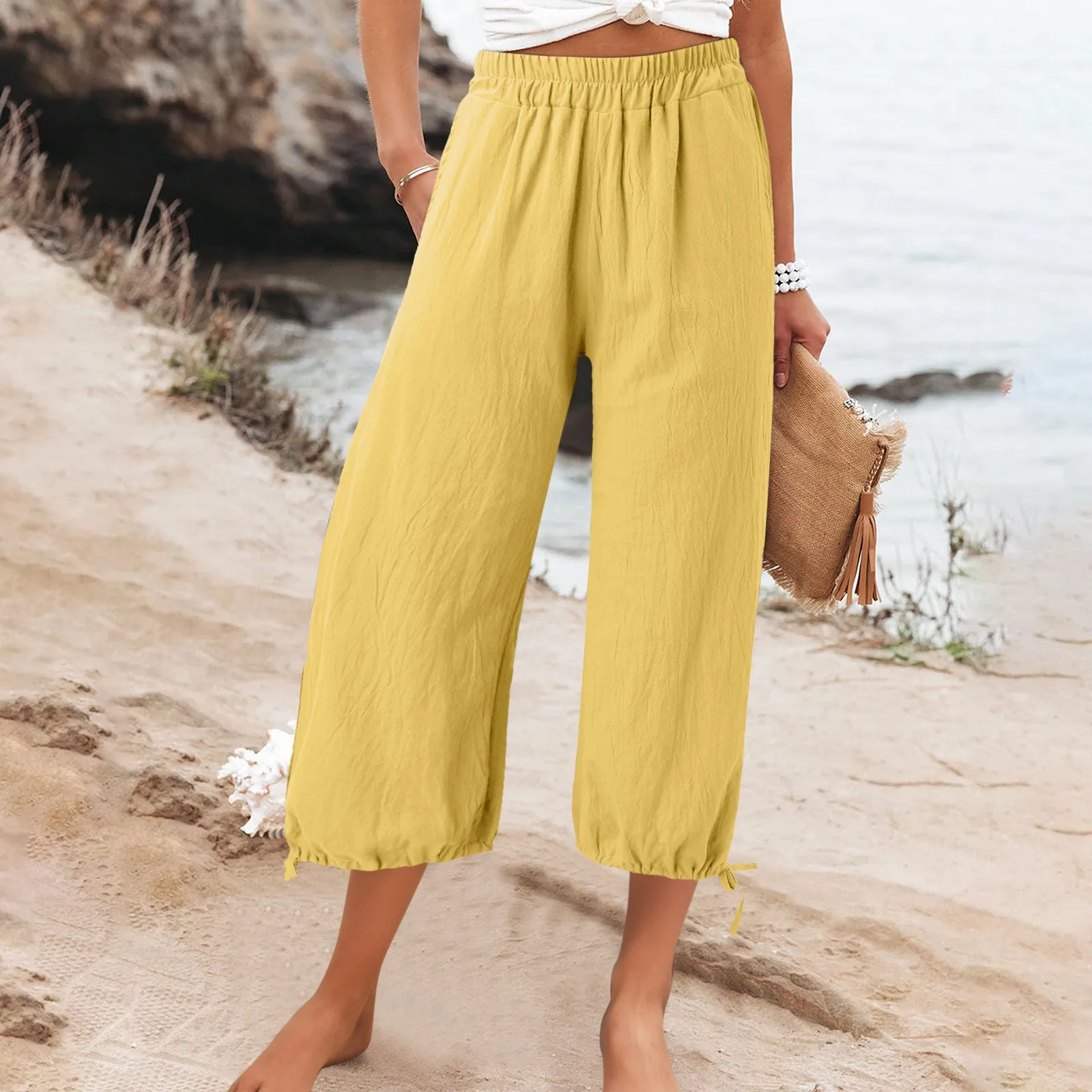 

Summer Womens Mid Waist Pockets Elastic Waist Solid Loose Pants 2023 New Fashion Vintage Casual Cotton Linen Long Trousers