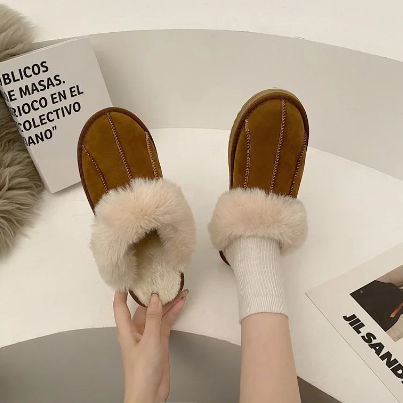 

Тапки женские шерстяные на плоской подошве, модные плюшевые меховые домашние теплые хлопковые тапочки, Удобная Нескользящая зимняя теплая ...