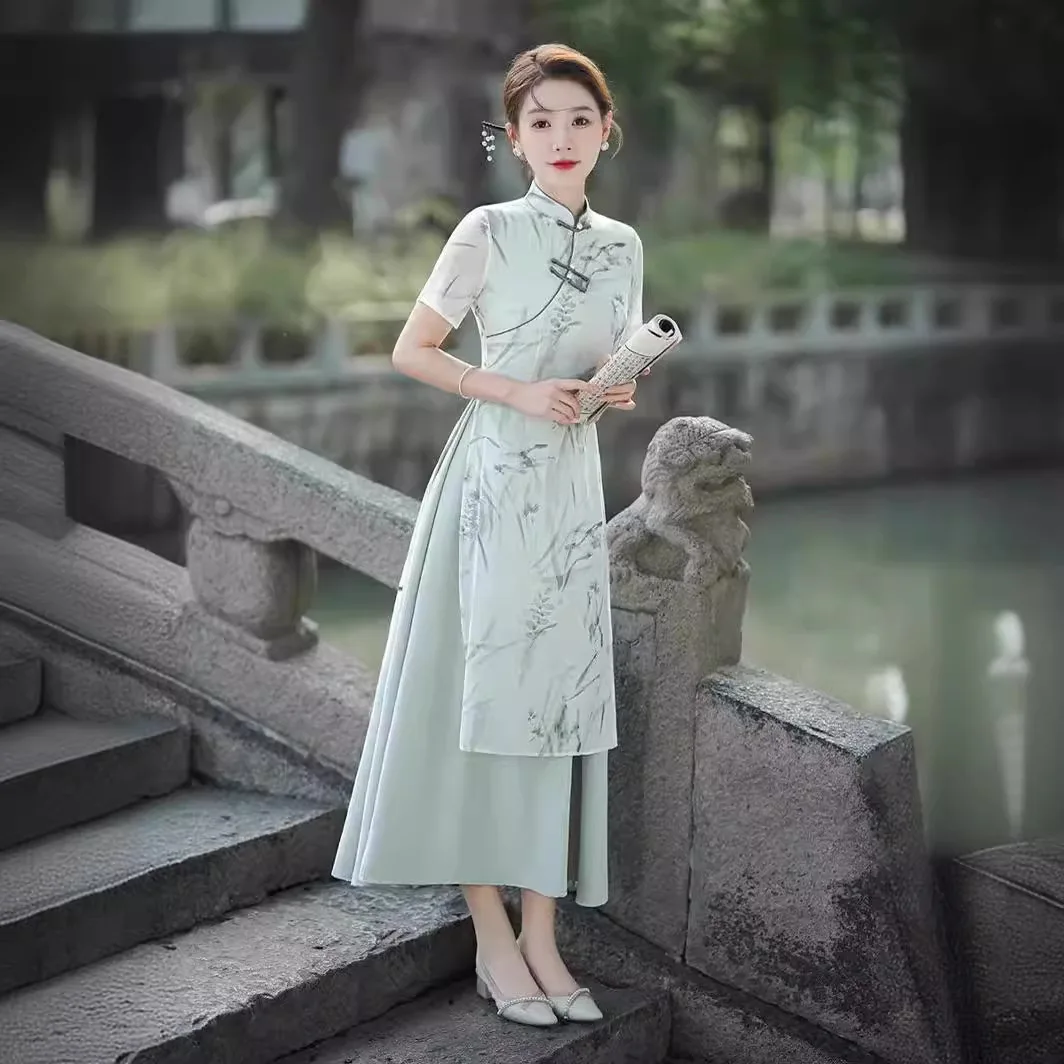 Женское элегантное платье Ципао с коротким рукавом и цветочным принтом