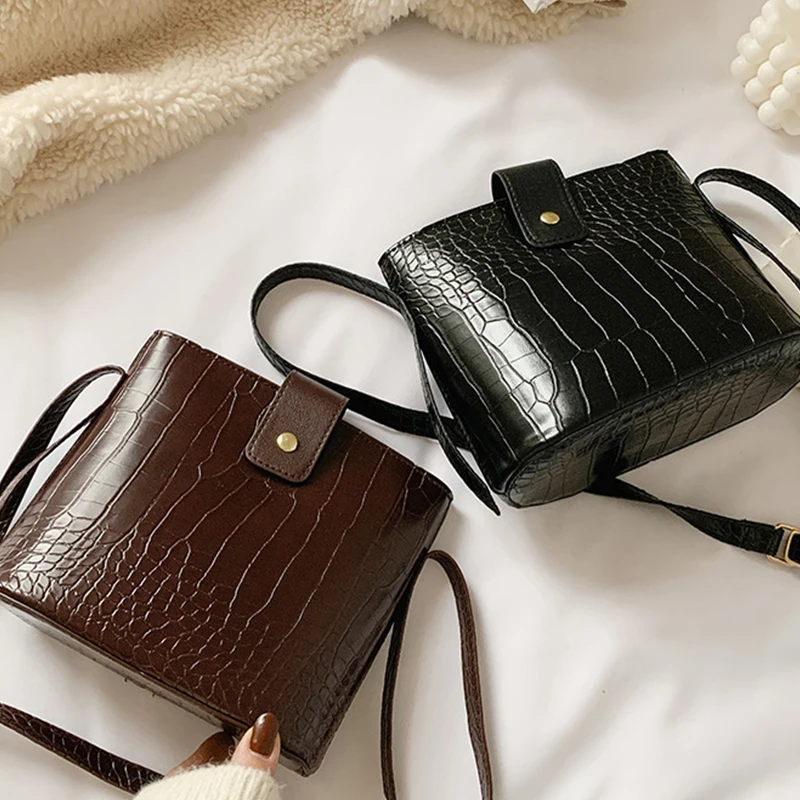 

Winter New Ladies Handbags Vintage Crossbody Bags Ladies Luxury Crocodile Pattern Bucket Bags PU Leather Crossbody Bags