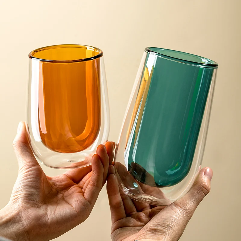 

JINYOUJIA Double Colorful Glass Cup Simple Milk Coffee Tea Cup Juice Cups Heat Resistant Drinking Glass Home Office Mug