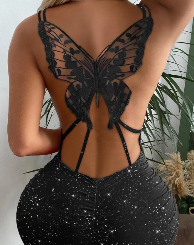 

Sexy Women's Dress 2023 Summer Glitter Butterfly Pattern Hollow Out Bodycon Dress Scoop Neck Open Back Mini Camisole Dress