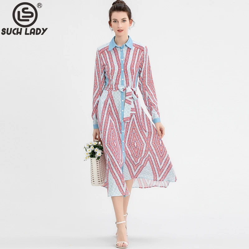 Women's Runway Dress Turn Down Collar Long Sleeves Printed Single Breasted Sash Belt Fashion High Street Casual Dresses Vestidos