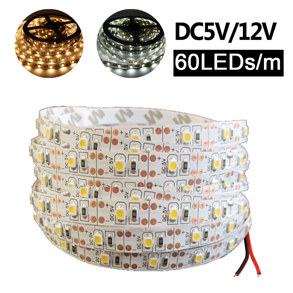

60LEDs/m LED Strip Light 2835 DC12V/5V Home Lamp Strip Warm White/ White Flexible and Cuttable Soft Tape Lamp Bar 1m/2m/3m/4m/5m