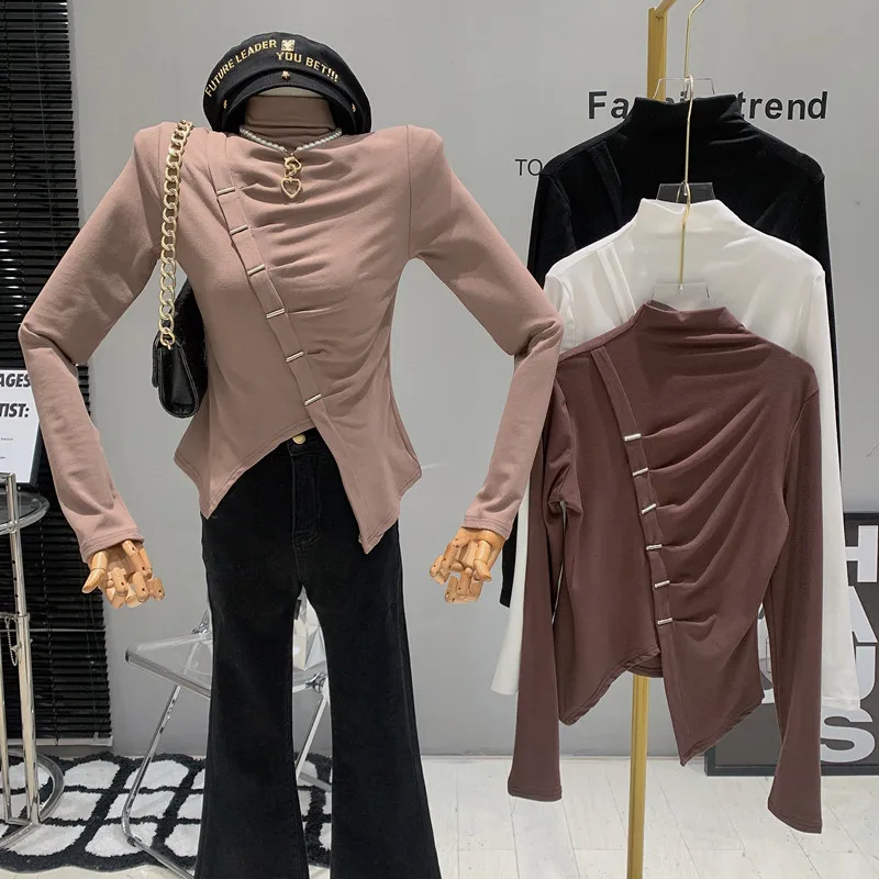 

Новинка, женская одежда, сезон зима 2022, рубашка с длинным рукавом, Асимметричная футболка с полувысоким воротником и разрезом, Топ