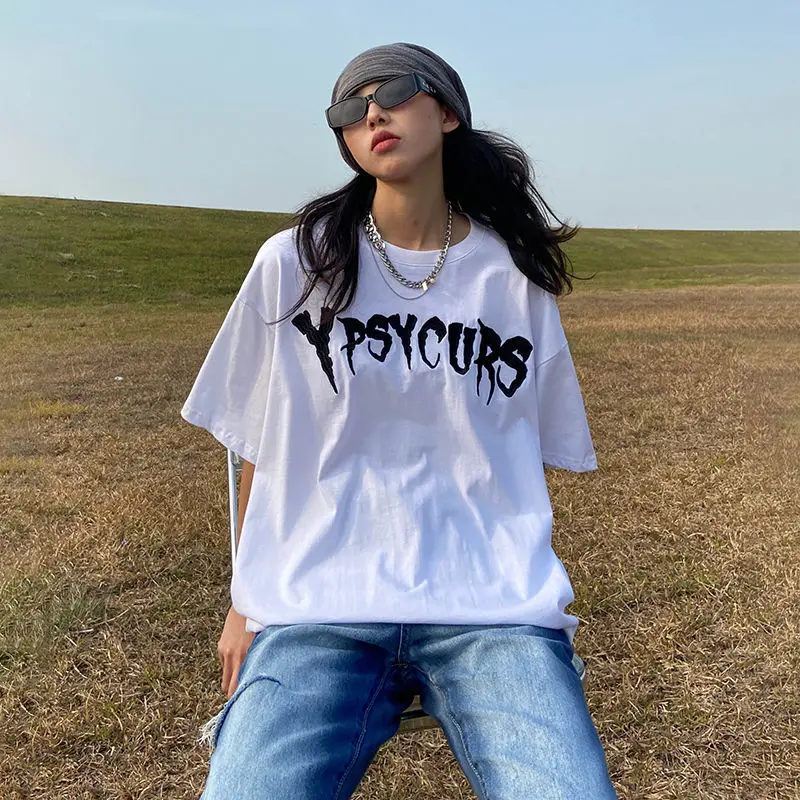 

Cotton Alphabet Print Short Sleeve T-Shirt Women's Summer 2022 Street Hip Hop Couple Top Casual Round Neck Oversized T-Shirt