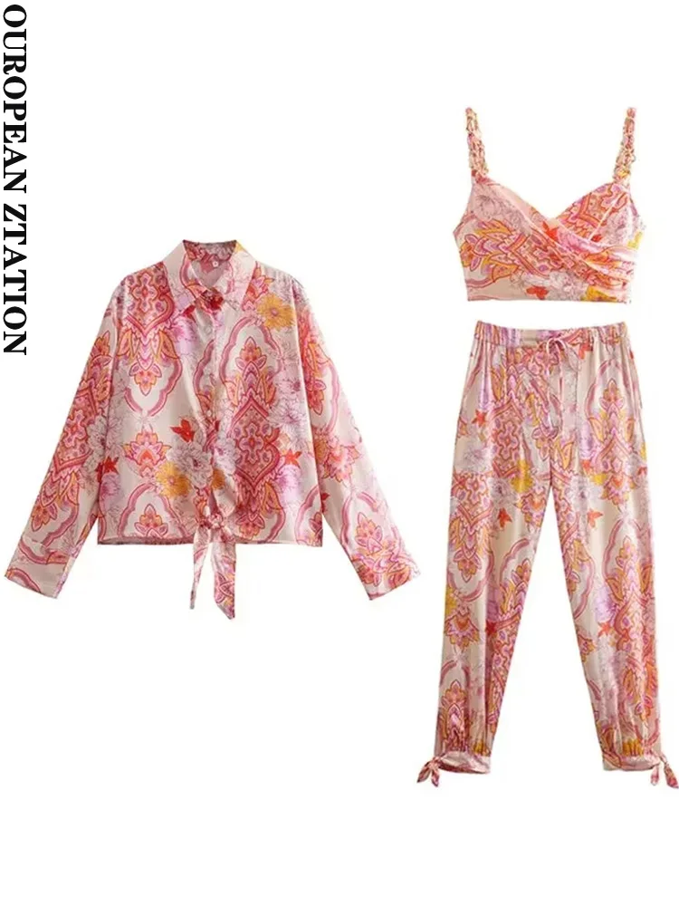 

PAILETE Women 2022 fashion with knot bow printed satin shirt or printed wide straps crop top or with ties printed trousers sets