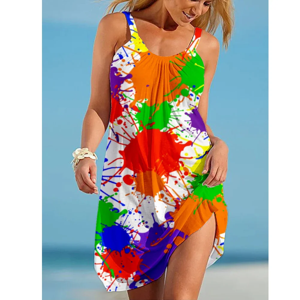 

2022 summer cute sexy beautiful girl graffiti sky long rainbow dress A-line dress casual summer beach sleeveless mini dress