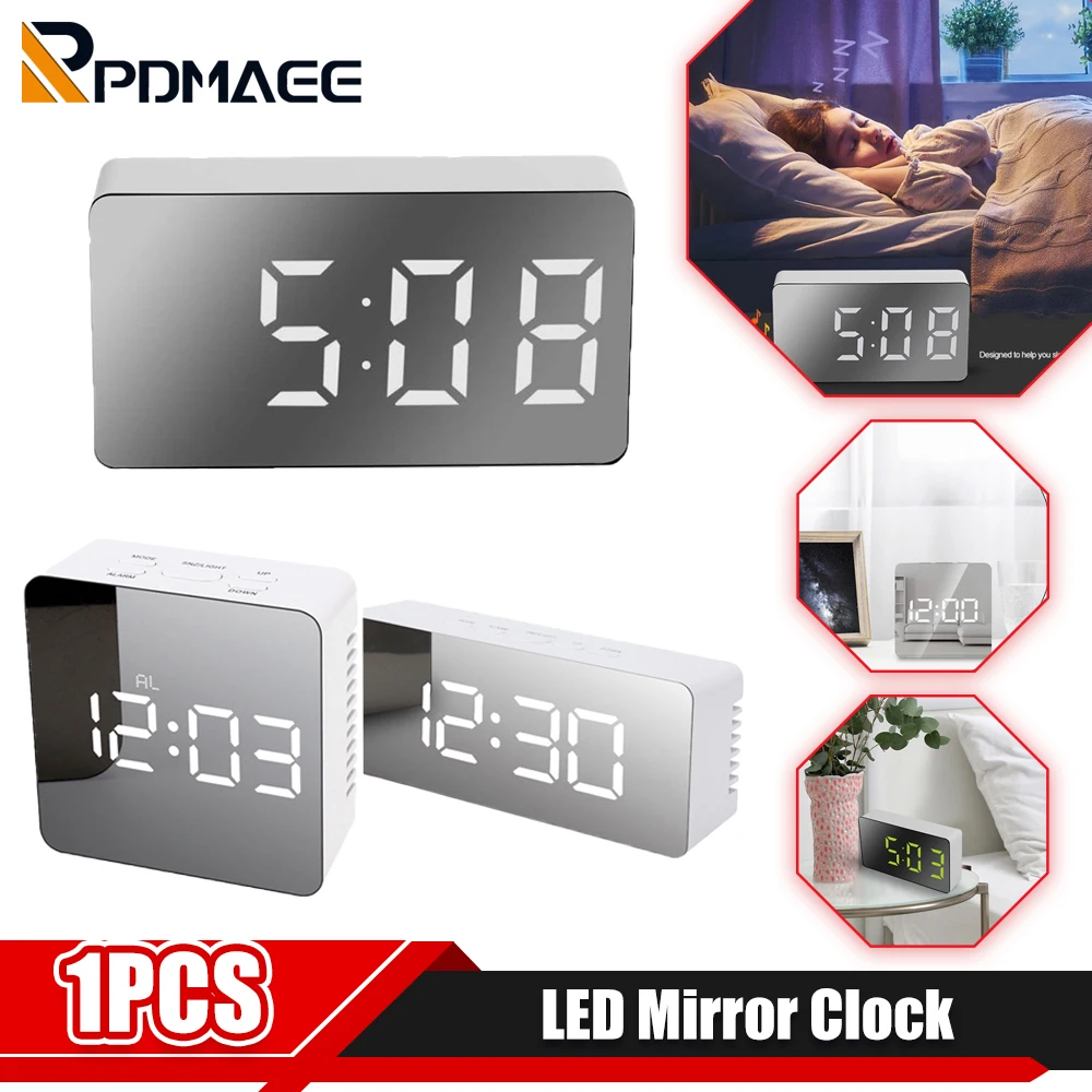 

Mirror Digital Alarm Clock LED Display Snooze Wake Silent Calendar Temperature Desktop Dimmable Electronic Desk Clock Home Decor
