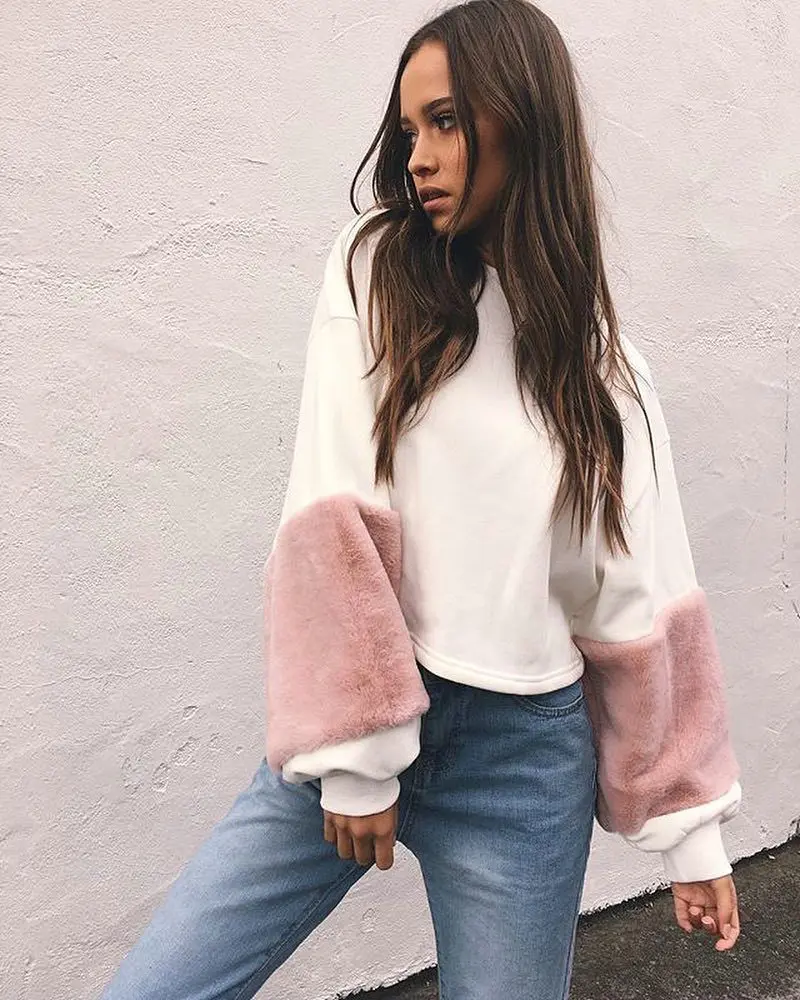 

Autumn And Winter Fashion Round Collar Women T-shirt Fake Fur Stitching Long Sleeve Crop Top Jacket Pullover