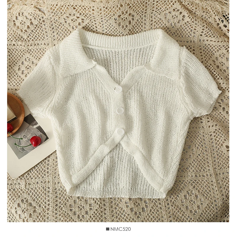 

Knitted Pink Polo Neck Short T-shirt Top Women's 2023 Summer New Sweet Thin Short Sleeve T-shirt Top Women Clothing