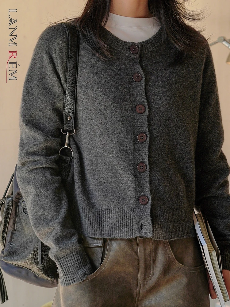 

LANMREM Повседневный вязаный свитер, пальто для женщин, круглый вырез, однобортная однотонная одежда, универсальная, осень 2023, новинка 2AA2970