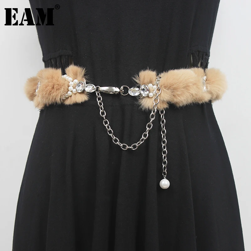 

[EAM] Fur Spliced Soft Warm Metal Chain Long Belt Personality Women New Fashion Tide All-match Spring Autumn 2022 1DE5960