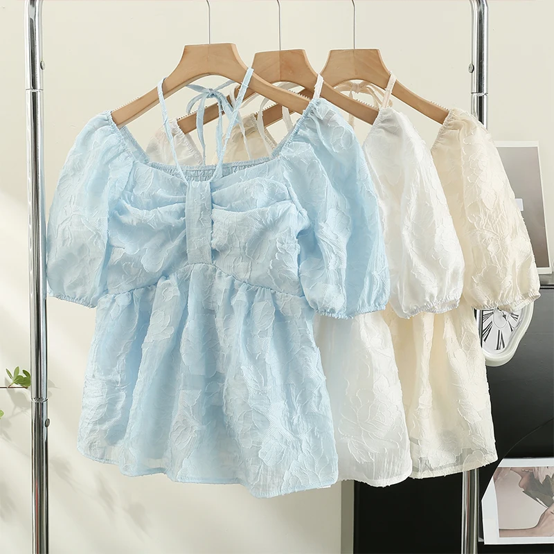 

Sweet Blouse for Women Square Collar Slim Fit Short Sleeve Shirts 2023 Blusas Mujer De Moda Crop Top White Summer Blouses